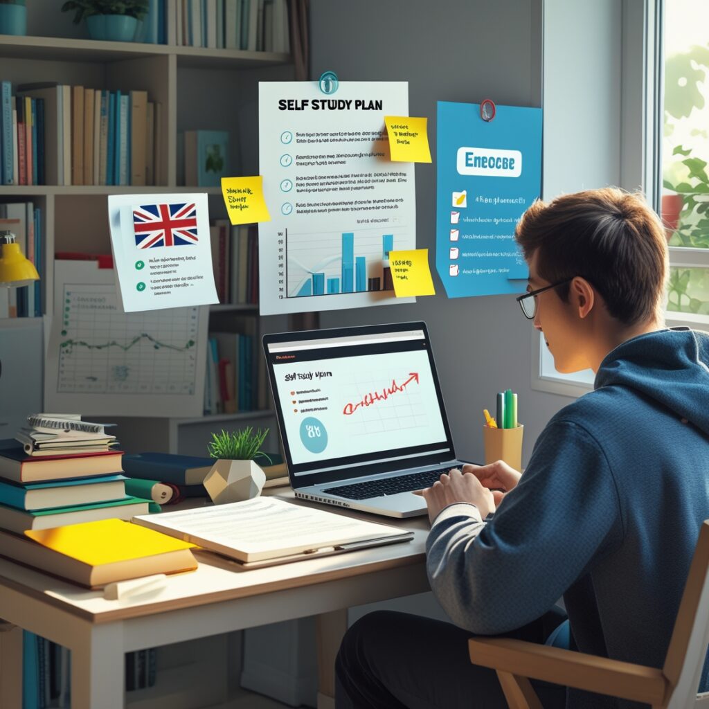 A student studies at a desk with notes, a laptop displaying a self-study plan, and educational posters on the wall.