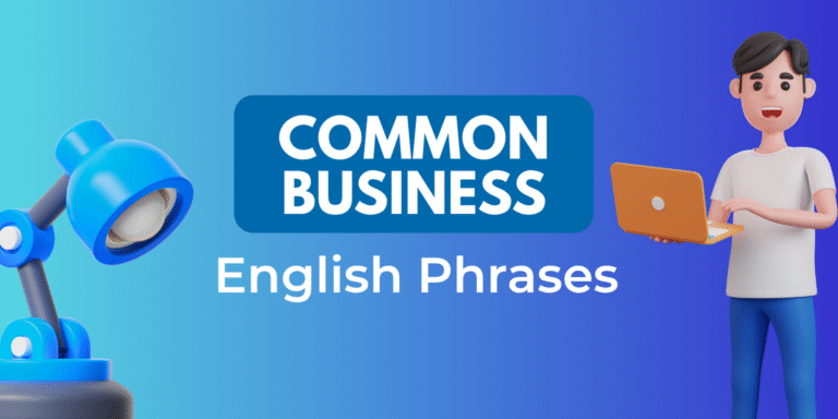 Illustration featuring a blue desk lamp and a person holding a laptop, with text that reads "Common Business English Phrases."
