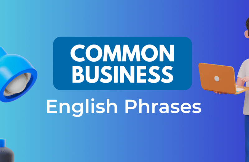 Illustration featuring a blue desk lamp and a person holding a laptop, with text that reads "Common Business English Phrases."