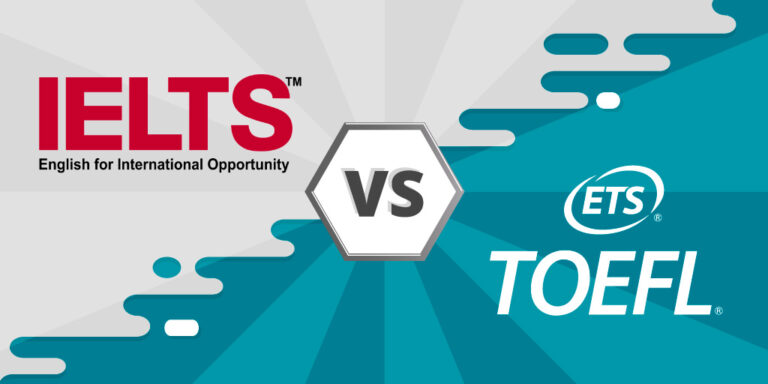Graphic comparing IELTS vs TOEFL, featuring logos and highlighting English proficiency test options.