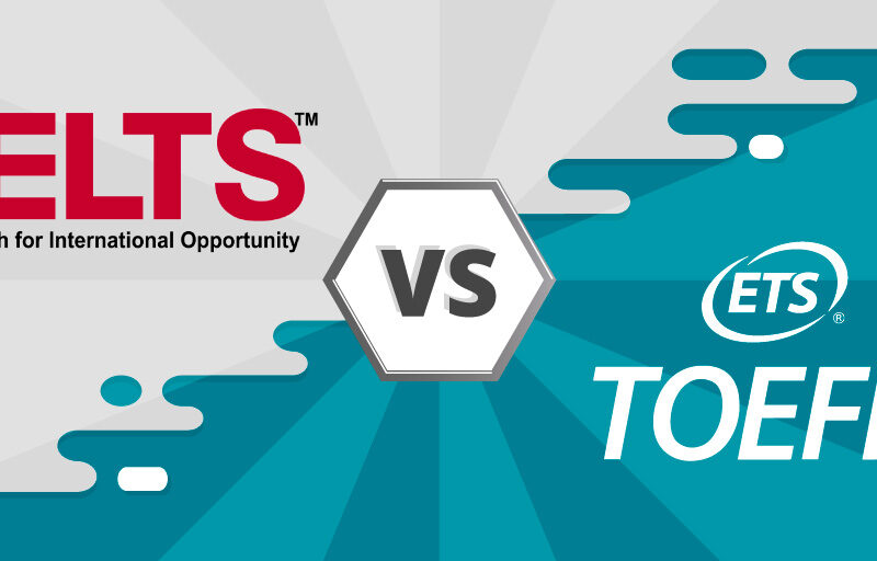 Graphic comparing IELTS vs TOEFL, featuring logos and highlighting English proficiency test options.