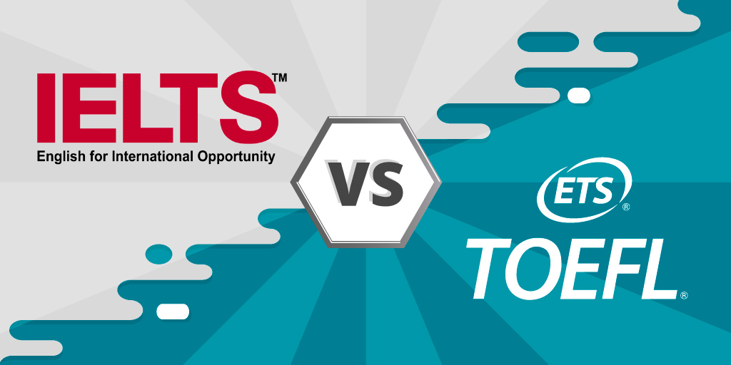 Graphic comparing IELTS vs TOEFL, featuring logos and highlighting English proficiency test options.