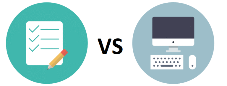 Two circular icons: on the left, a checklist and pencil symbolize IELTS on Paper; on the right, a desktop computer, keyboard, and mouse represent IELTS on Computer. The letters VS appear between them, highlighting the comparison.