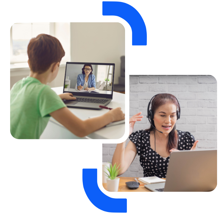 A child engaged in an online learning session on a laptop, while a woman in a headset is seen teaching remotely.