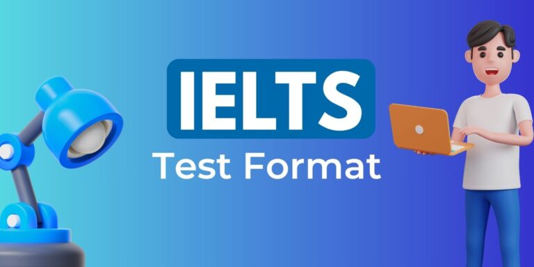 A modern illustration featuring a blue desk lamp and a person holding a laptop, with "IELTS Test Format" prominently displayed.