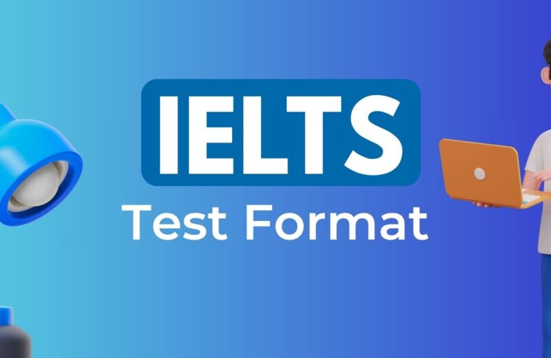 A modern illustration featuring a blue desk lamp and a person holding a laptop, with "IELTS Test Format" prominently displayed.