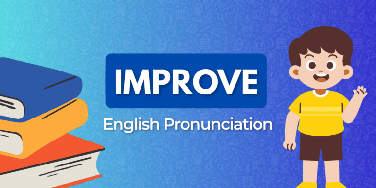 A colorful graphic promoting an English pronunciation course, featuring stacked books and a cartoon child.