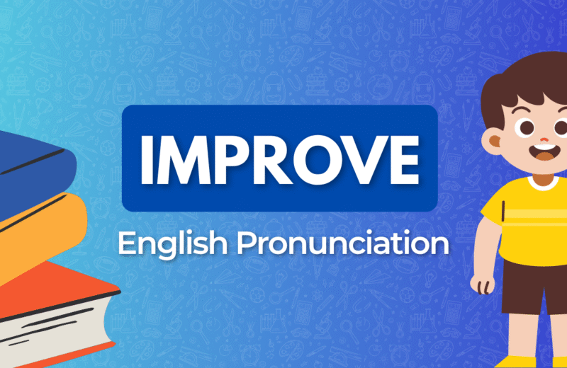 A colorful graphic promoting an English pronunciation course, featuring stacked books and a cartoon child.