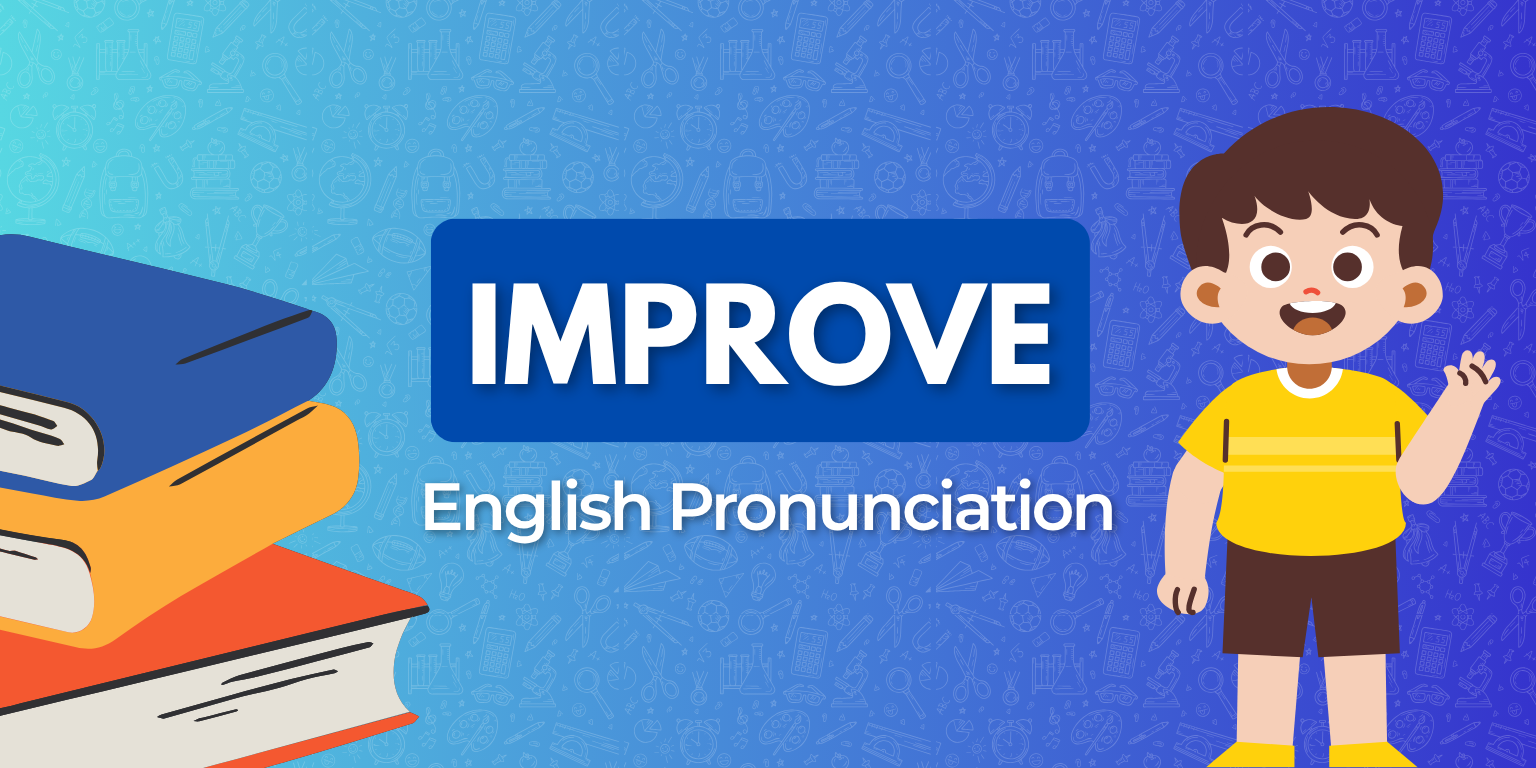 A colorful graphic promoting an English pronunciation course, featuring stacked books and a cartoon child.