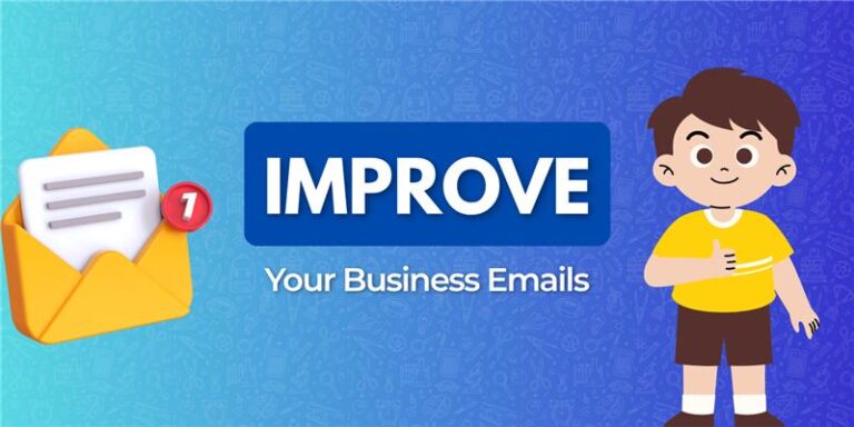 A cartoon character in a yellow shirt stands next to an envelope icon with a notification, promoting email improvement for businesses.