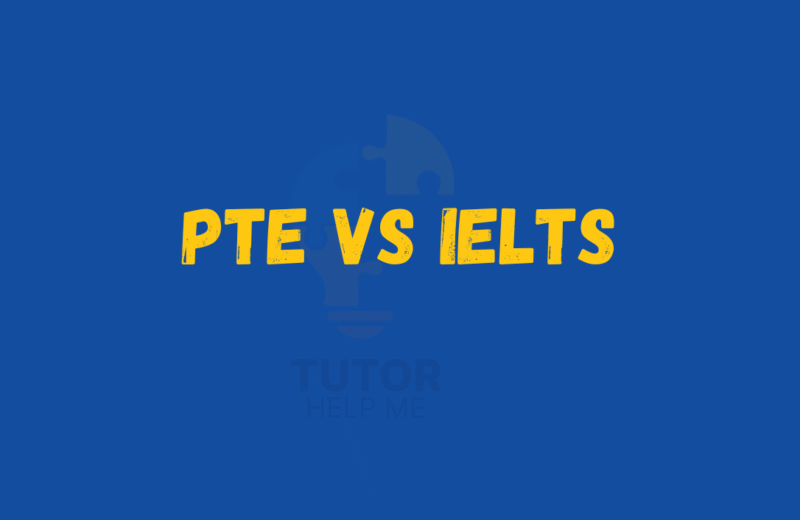 Text graphic comparing PTE vs IELTS on a blue background, emphasizing the differences in English language proficiency tests.