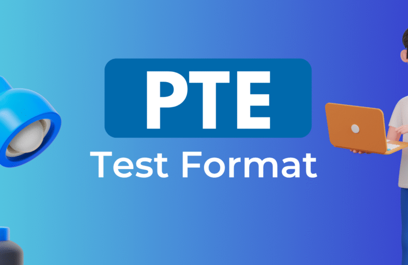 A blue desk lamp shines next to a person holding an orange laptop, with "PTE Test Format" displayed prominently in the background.