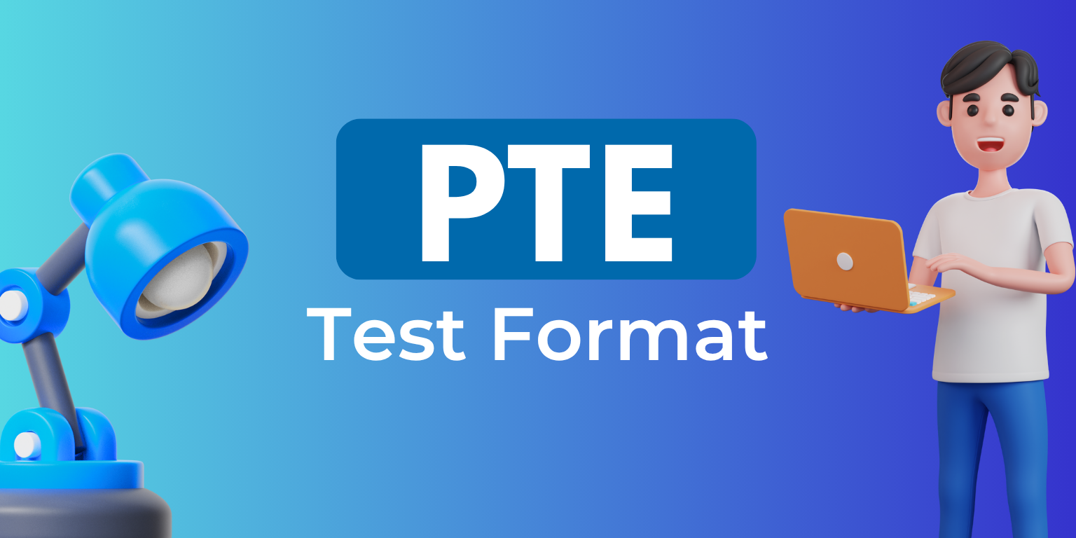 A blue desk lamp shines next to a person holding an orange laptop, with "PTE Test Format" displayed prominently in the background.