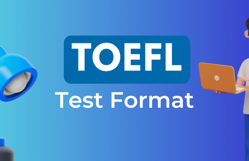 A blue desk lamp and a person holding a laptop, accompanied by the text "TOEFL Test Format" on a gradient background.