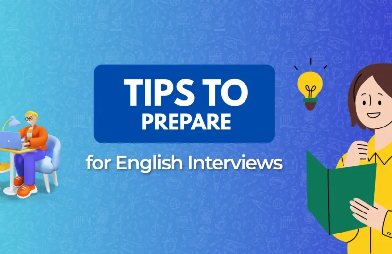 A colorful graphic featuring two individuals preparing for English interviews with a laptop and notes, accompanied by lightbulb icons.