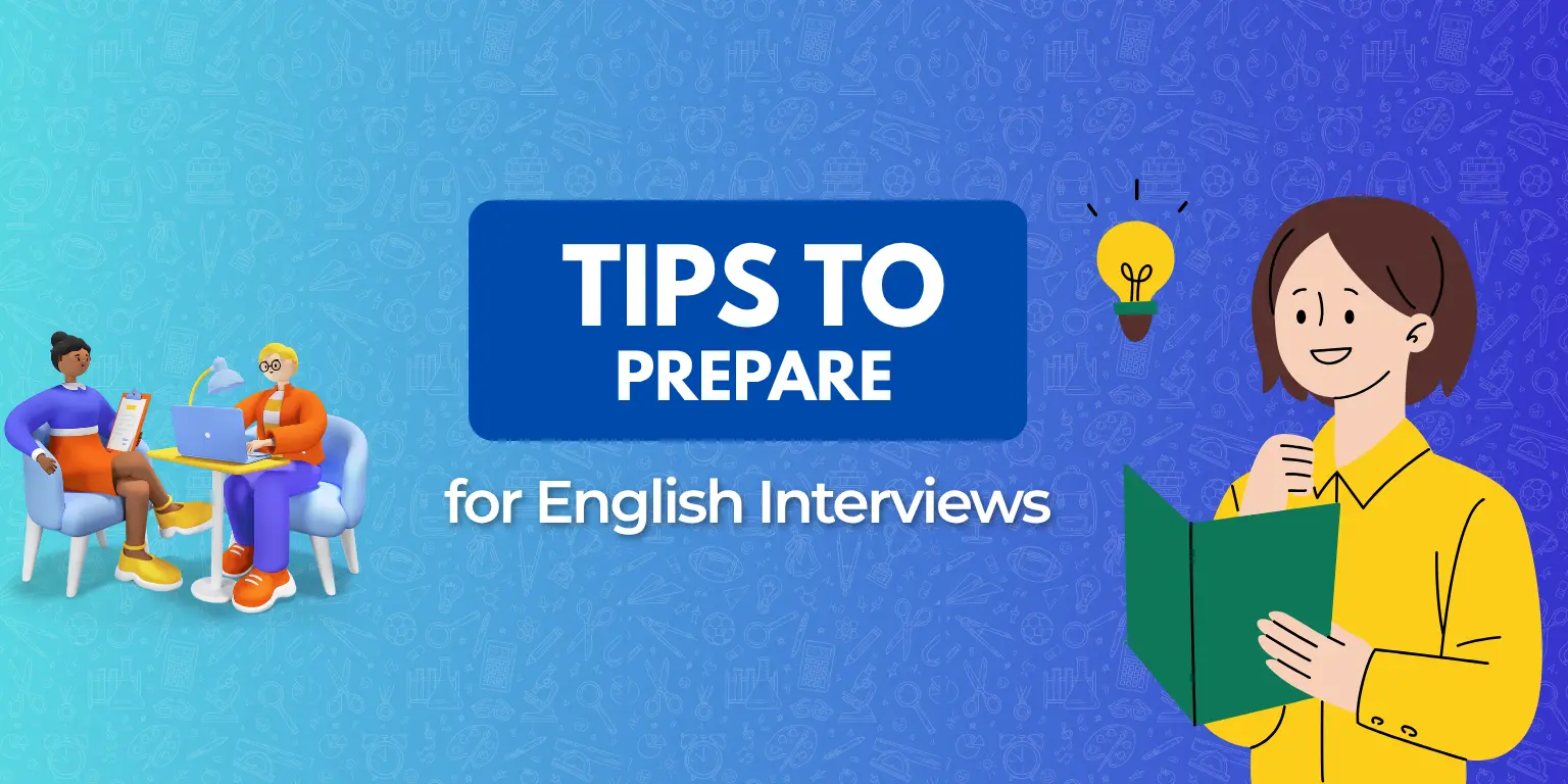 A colorful graphic featuring two individuals preparing for English interviews with a laptop and notes, accompanied by lightbulb icons.