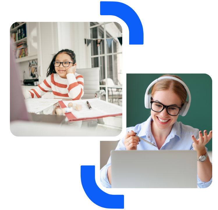 A child in a striped sweater studies at a table filled with papers, while a woman wearing headphones gestures during an online meeting.