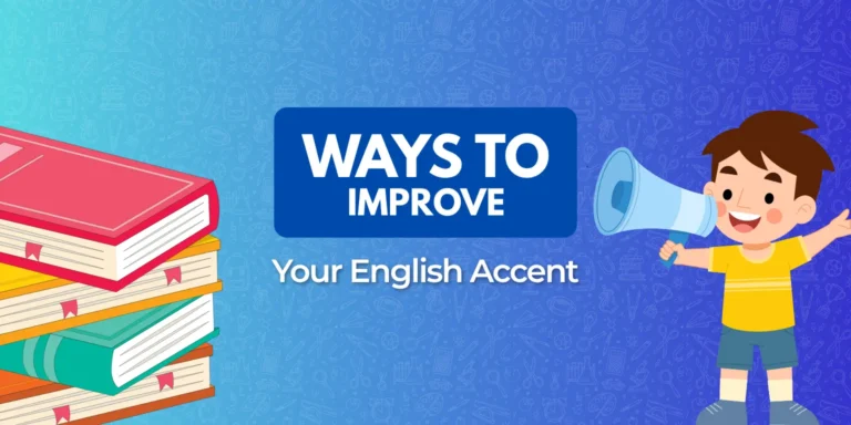 A stack of colorful books beside a smiling child with a megaphone, highlighting ways to improve English accent.