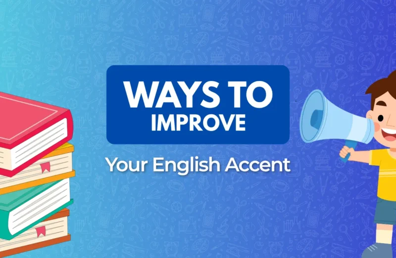 A stack of colorful books beside a smiling child with a megaphone, highlighting ways to improve English accent.