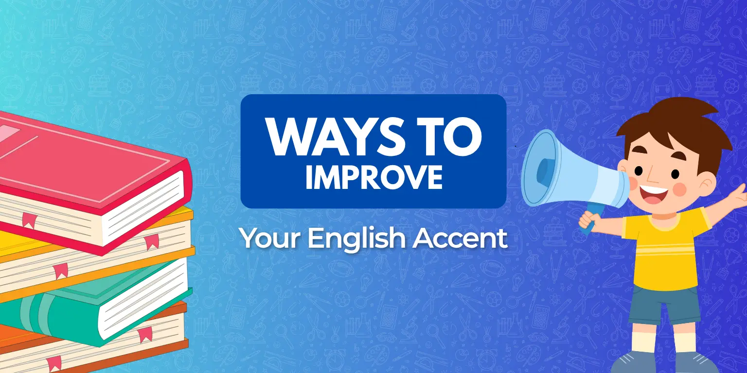 A stack of colorful books beside a smiling child with a megaphone, highlighting ways to improve English accent.