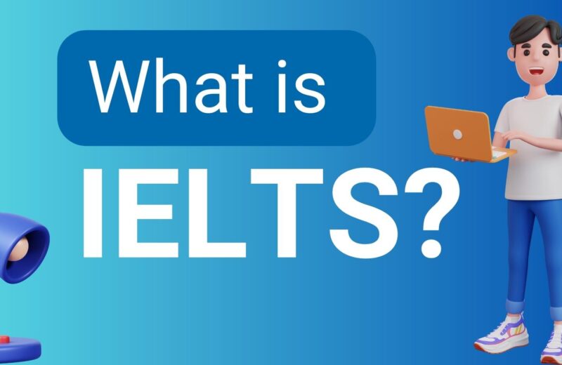 A digital illustration featuring a person holding a laptop beside a blue desk lamp, with bold text asking, "What is IELTS?" in the background.
