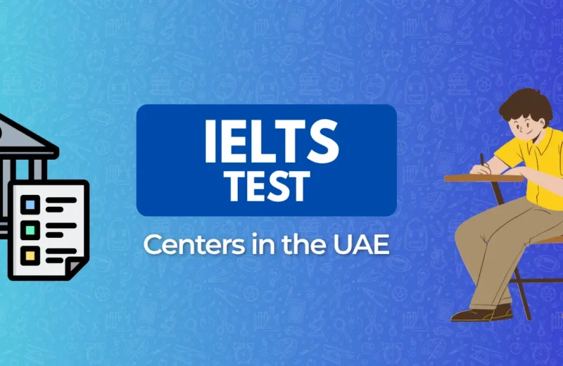 Illustration promoting IELTS test centers in the UAE, featuring a student taking an exam and symbols of education.