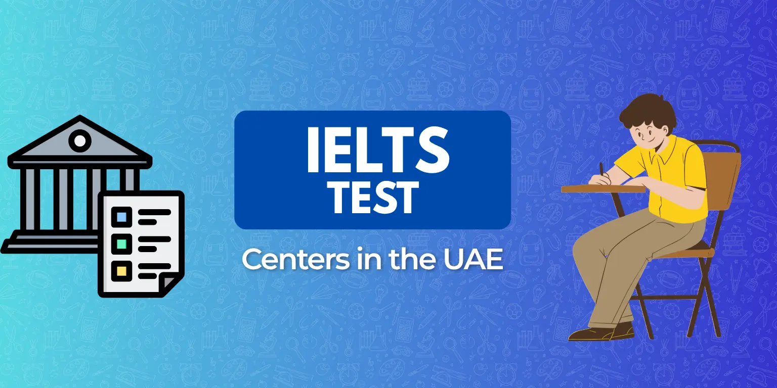 Illustration promoting IELTS test centers in the UAE, featuring a student taking an exam and symbols of education.