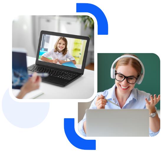 A person engages in an online lesson, using a laptop and a desktop, while wearing headphones and holding a pen.