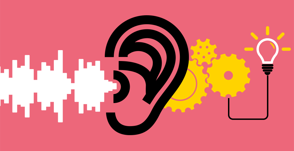 An artistic ear graphic with sound waves, gears, and a light bulb, symbolizing active listening.