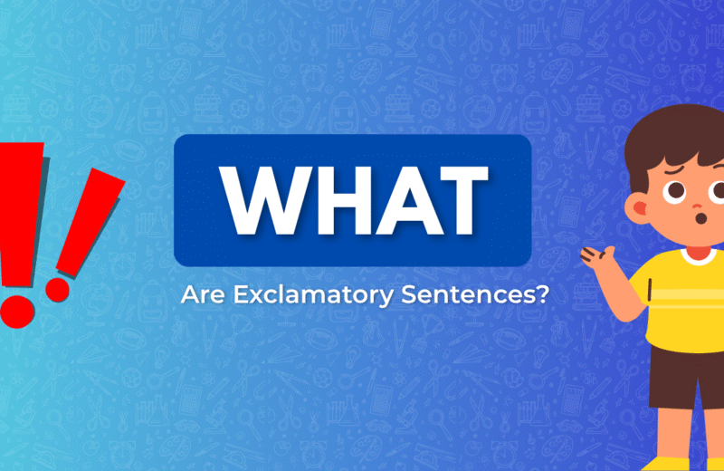 A surprised boy in a yellow shirt stands next to bold text asking about exclamatory sentences, with red exclamation marks in the background.