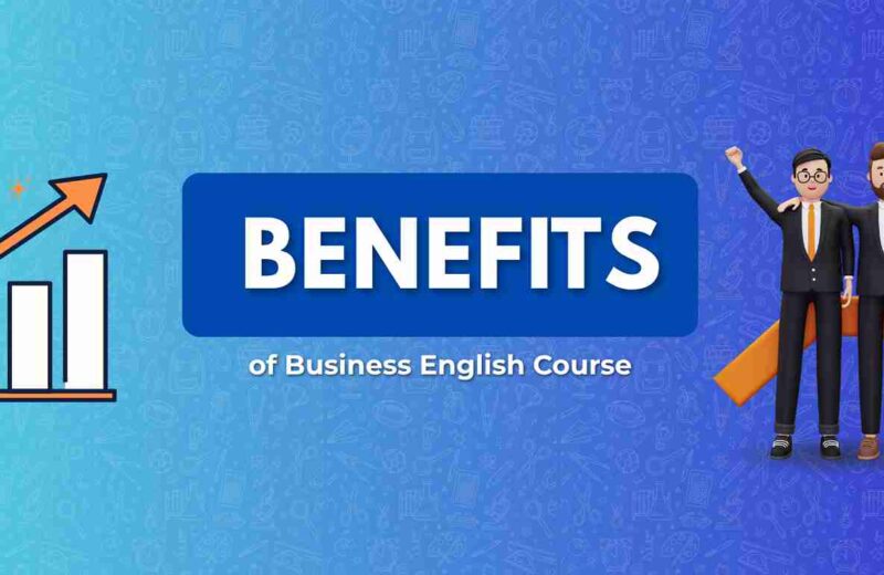 A graphic illustrating the benefits of a Business English course, featuring an upward trend chart and two cartoonish business figures.