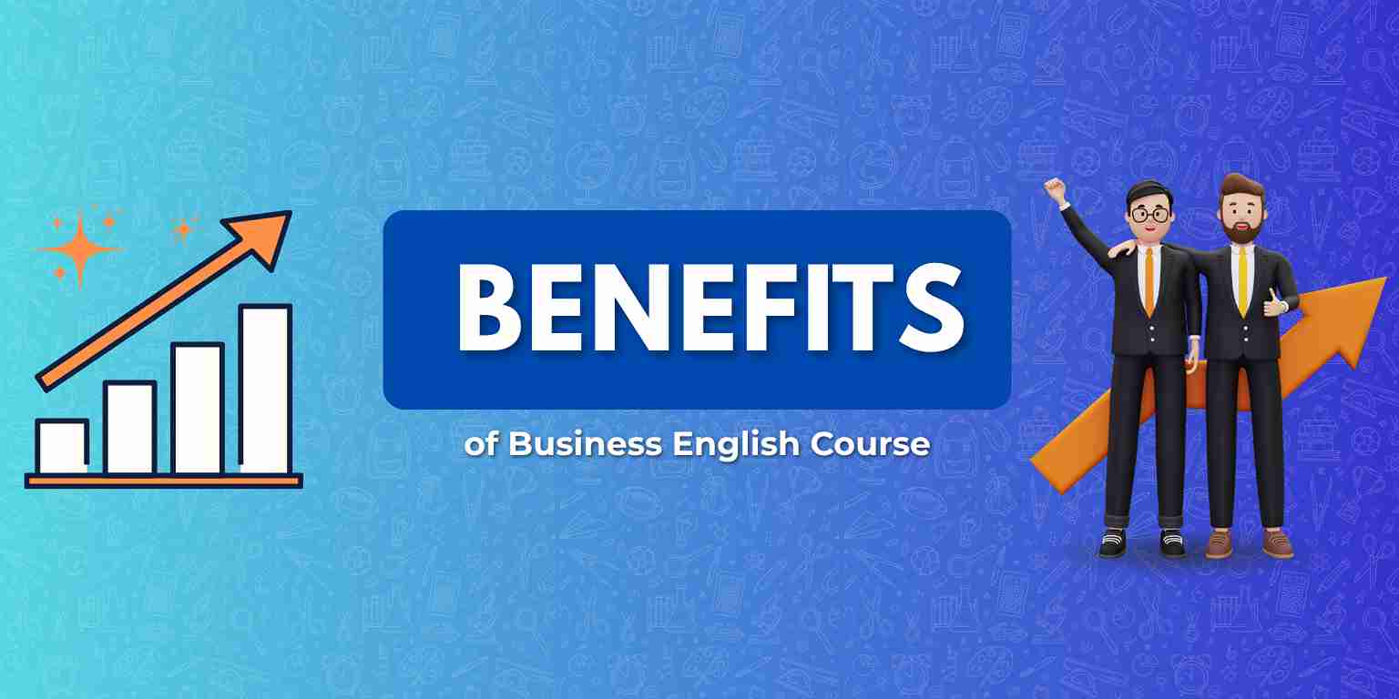 A graphic illustrating the benefits of a Business English course, featuring an upward trend chart and two cartoonish business figures.