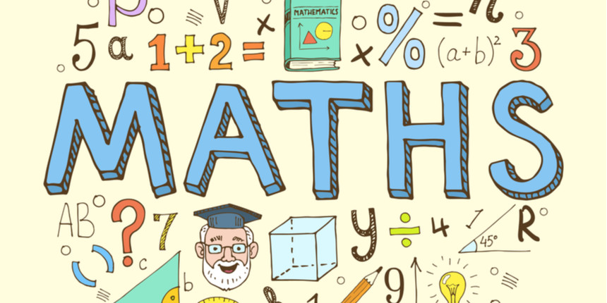 Colorful illustration featuring the word "MATHS" surrounded by math symbols, equations, and a book labeled "Mathematics."