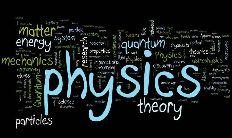 A colorful word cloud featuring key terms related to physics, including "quantum," "matter," "energy," and "mechanics" against a black background.