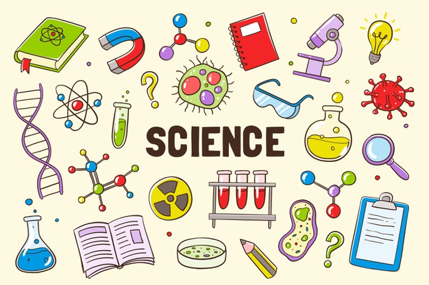Colorful illustrations of science-related items like a microscope, test tubes, DNA, and atoms surround the word "SCIENCE" in bold letters.