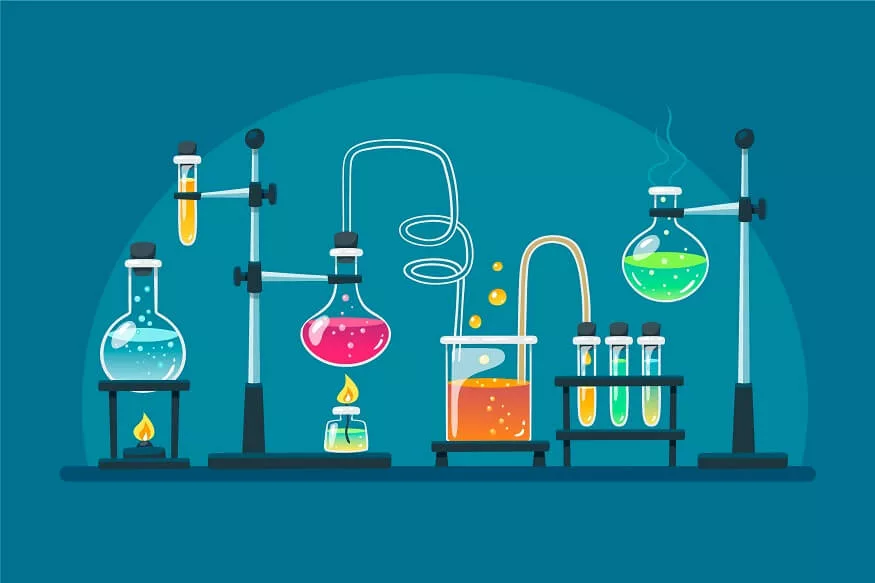A colorful array of laboratory glassware, including flasks and beakers, with bubbling and steaming liquids on a teal background.