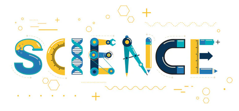 Colorful illustration of the word "SCIENCE" composed of various scientific symbols and tools, set against a white background.