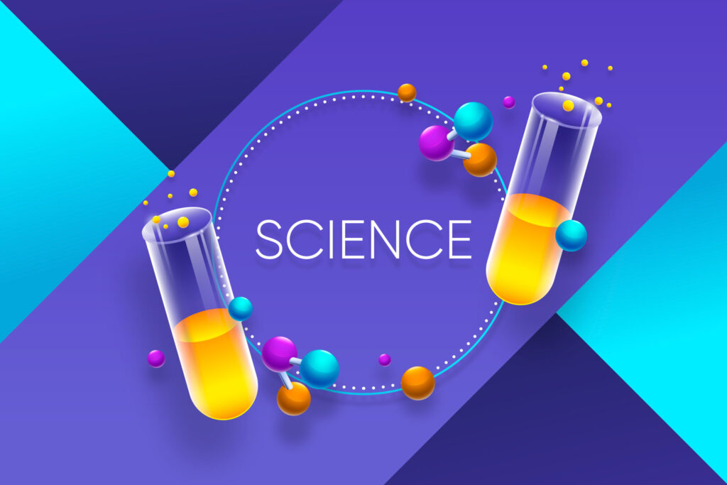 Colorful test tubes with yellow liquid and floating atoms, framed by the word "SCIENCE" on a vibrant purple background.