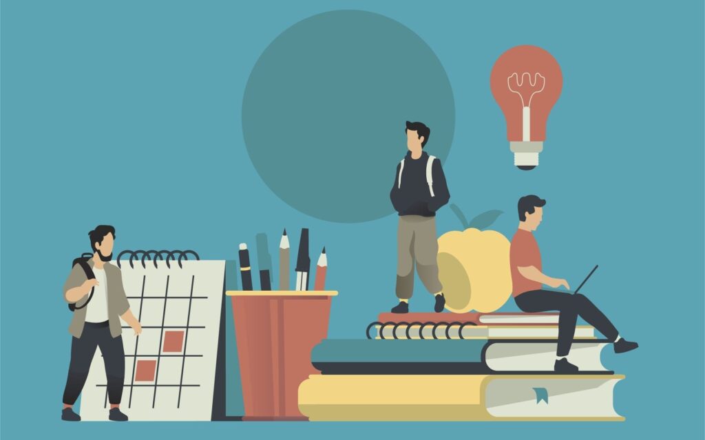 Illustration of three people surrounded by school items: large calendar, cup with pens, books, apple, and a light bulb. The mood is studious and collaborative.