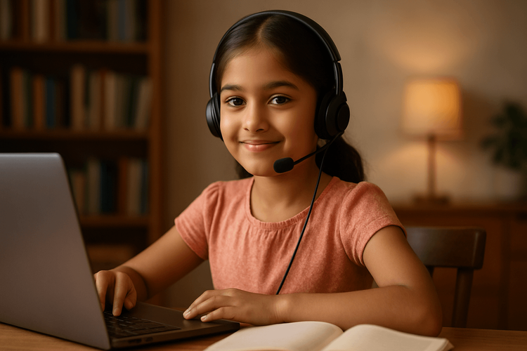 A girl with headphones smiles while using a laptop, enjoying her time engaged in an online activity.