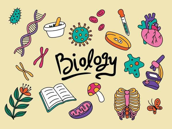 Colorful biology-themed doodles including DNA, cells, a microscope, and an open book with "Biology" prominently featured.