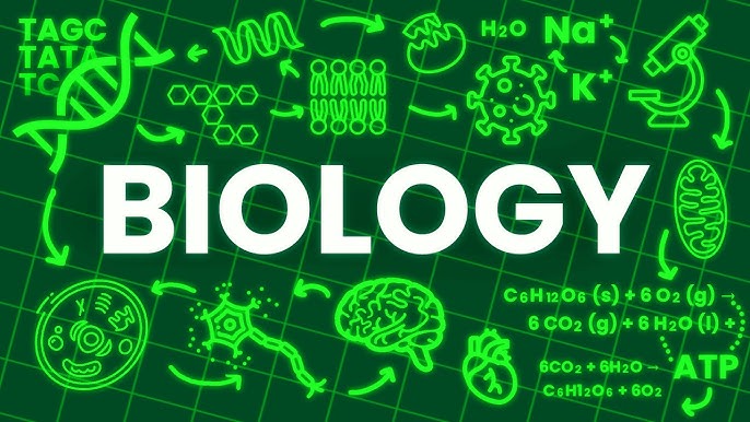 A vibrant green illustration of biology concepts, featuring DNA, molecules, cells, and the word "BIOLOGY" in bold white text.