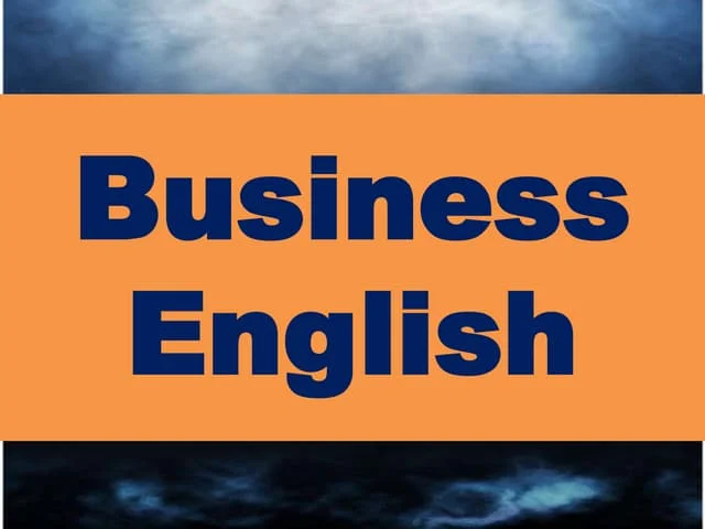 Orange banner with bold blue text reading "Business English," set against a background of swirling dark clouds, conveying a professional and intense tone.