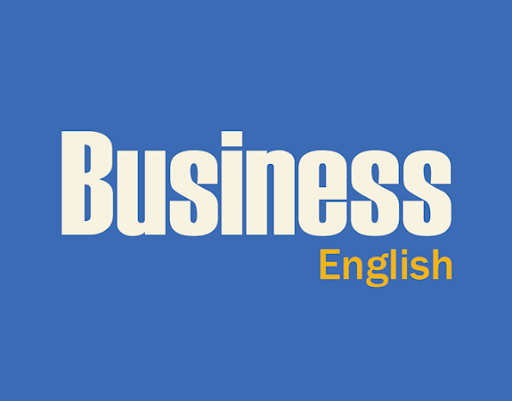 Blue background with bold white text saying "Business" and smaller yellow text saying "English," conveying a focus on business English topics.