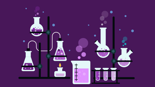 Illustration of various laboratory glassware, including beakers, flasks, and test tubes, filled with purple liquid on stands, with bubbles and a lit Bunsen burner.
