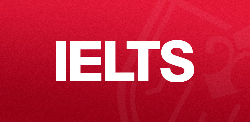 IELTS logo displayed prominently on a vibrant red background.
