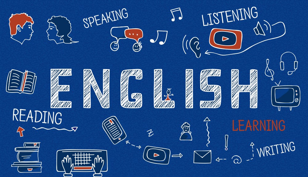 Illustration featuring the word "ENGLISH" surrounded by icons representing skills: reading, writing, speaking, listening, and learning.
