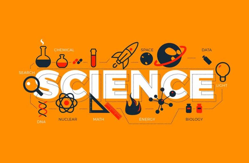 Colorful graphic featuring the word "SCIENCE" surrounded by icons representing various scientific fields like biology, chemistry, and space.