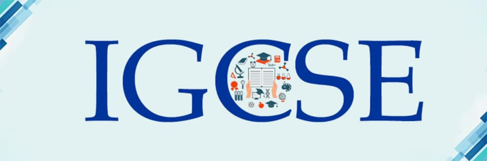 Logo of IGCSE with illustrations of academic tools and subjects integrated into the letter "O", set against a light blue background.
