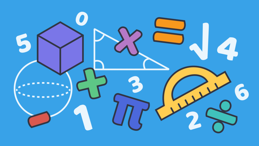 Colorful math symbols, shapes, and numbers arranged playfully on a blue background, representing various mathematical concepts.